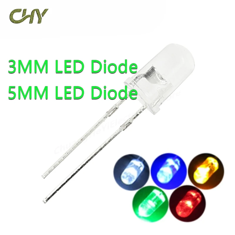 100pcs Transparent Round 5mm/3mm Super Bright Water Clear Green Red White Yellow Blue Light LED Bulbs Emitting Diode