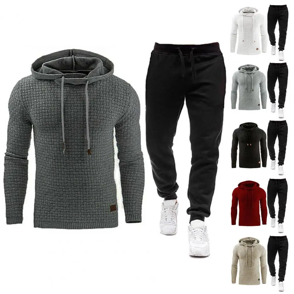 

Elasticated Waist Suit Men's Waffle Texture Hoodie Pants Set for Fall Winter Sports Solid Color Long Sleeves Elastic Waist