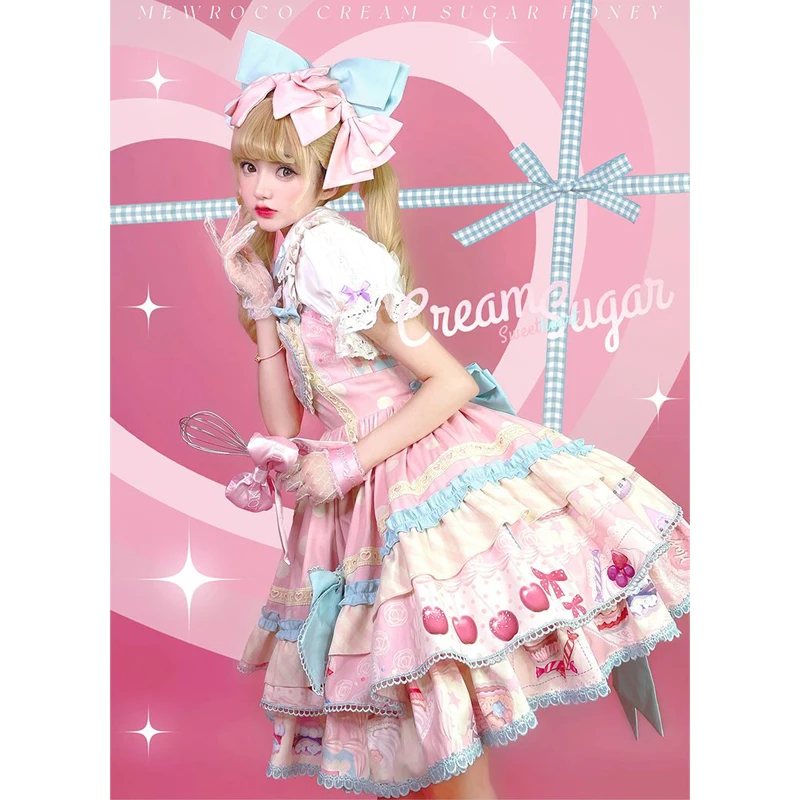 

Kawaii Gothic Lolita Dress Women Bow Lace Blue Dress Long Sleeve Princess Dress Tea Party Costume Gift for Girls