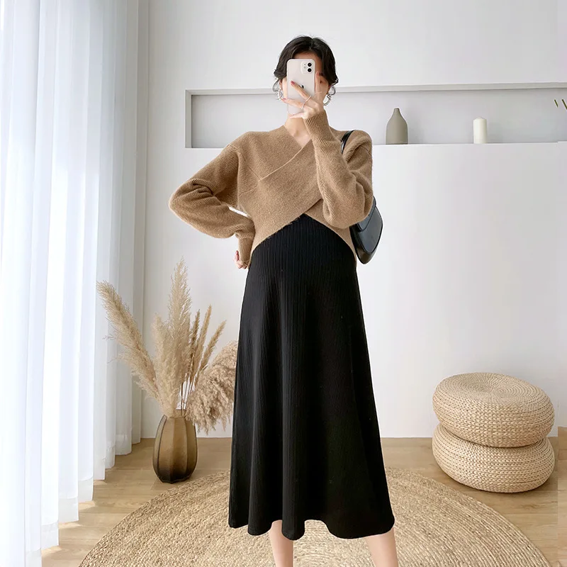 Fashion Autumn Maternity Knitting Dresses Clothes For Pregnant Women 2023 New V-Neck Pullover Sweater & Dress 2 Piece Set