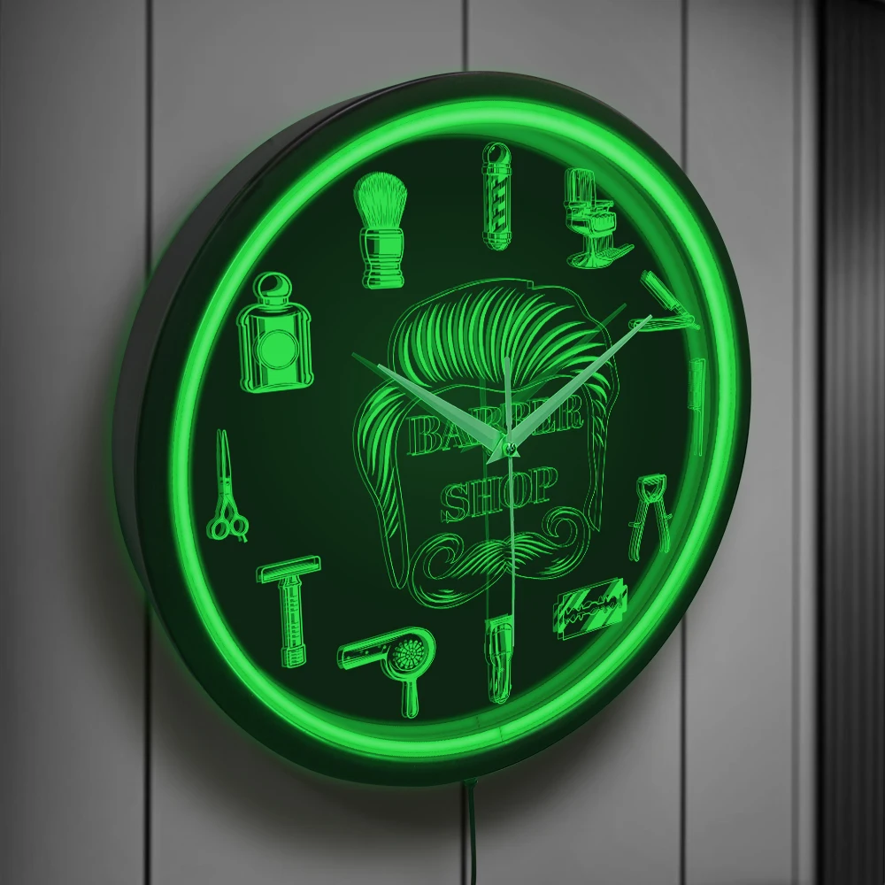 Barber Shop Red Neon Logo Metal Frame Wall Clock for Man Cave Barbering Business Sign Flexible Flex illuminated Neon Wall Clock