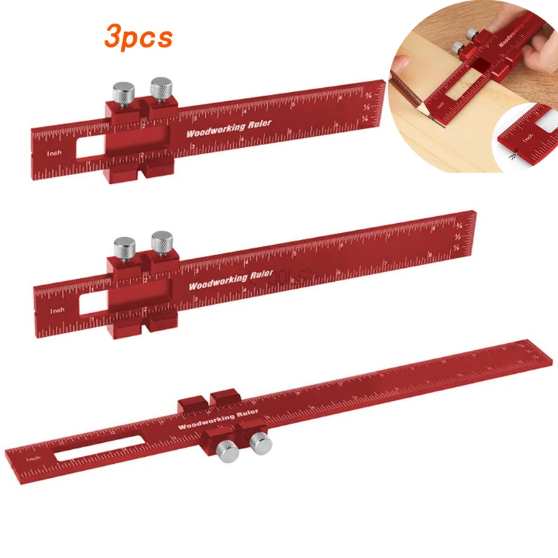 

Portable Woodworker DIY Multifunctional Scriber Ruler Aluminum Alloy 3 Sets of Red T-shaped Woodworking Tools Round Hole Ruler