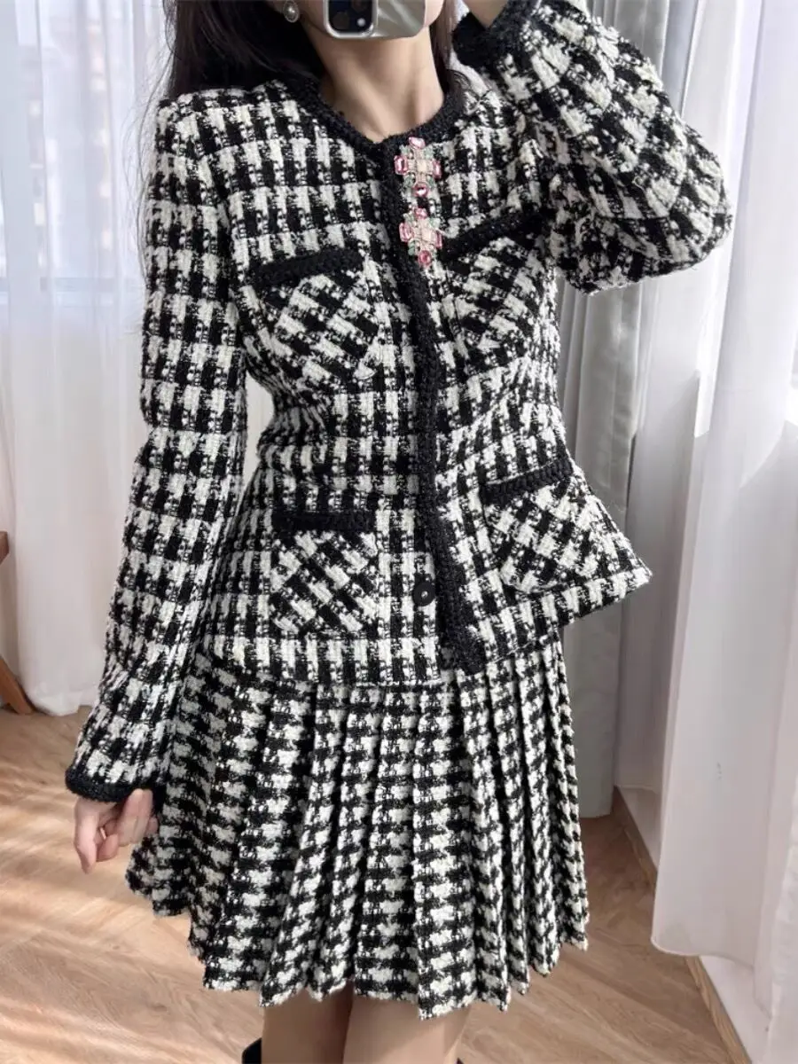 

Houndstooth Tweed Dress for Women Buttons Decoration Long Sleeve Round Neck High Waist Mini Robe