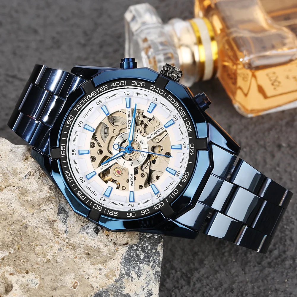 

Blue Men's Mechanical Watch Simple White Dial Clock Automatic Self-winding Wristwatch for Men Steel Strap Safety Folding Buckle