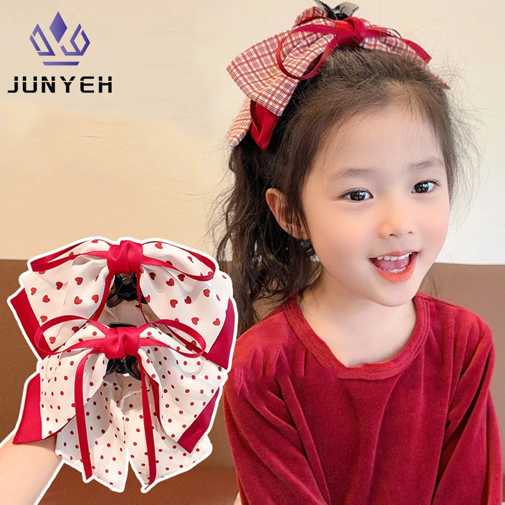 Sweet hair grab girl princess red bow hairpin polka dot children's hair clip student claw for kids hair accessories
