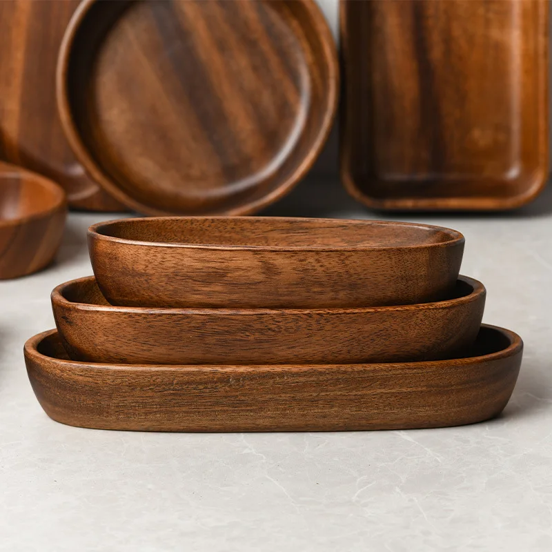 Fruit Plate Wooden Serving Tray Japanese Style Solid Wood Tray Boat-shaped Walnut Wood Salad Bowl Dessert Snacks Fruit Sushi Plates Hotel Restaurant Kitchen