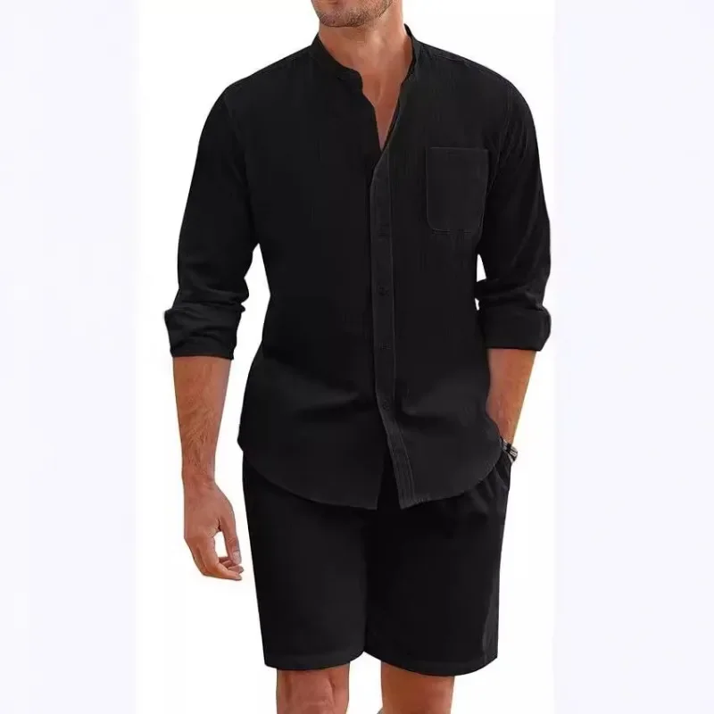 2024 Men's Two-piece Sets Cotton and Linen Comfortable Button Shirt Long Sleeve Shorts Cardigan Simple Casual Beachwear 3
