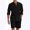 2024 Men's Two-piece Sets Cotton and Linen Comfortable Button Shirt Long Sleeve Shorts Cardigan Simple Casual Beachwear 3
