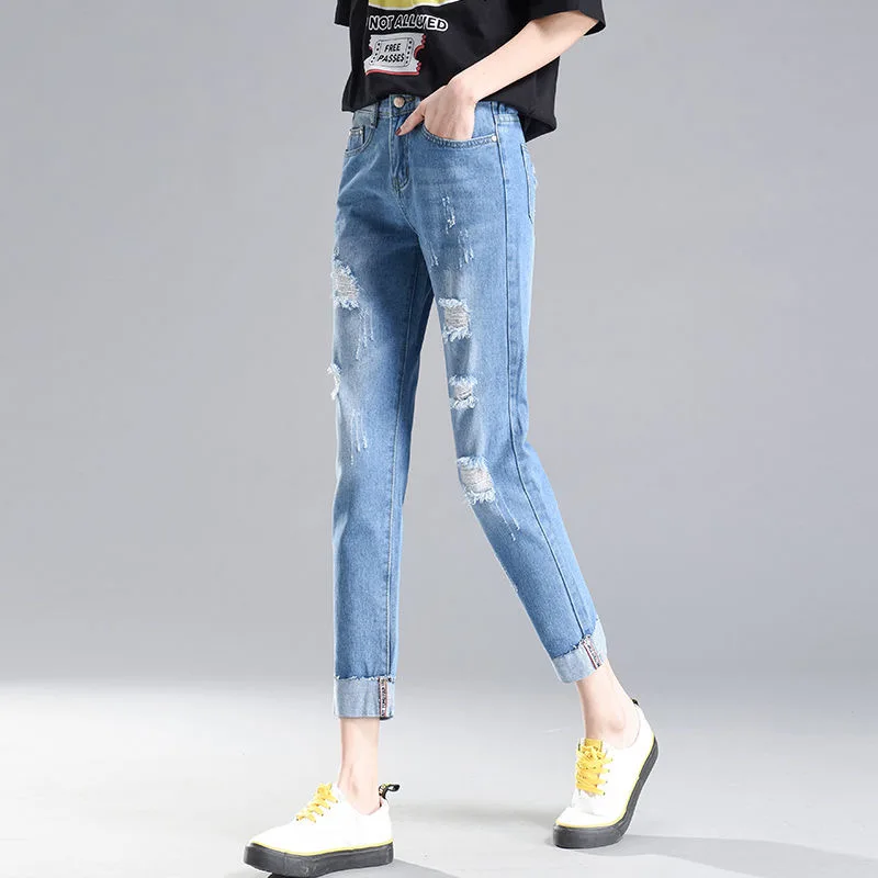 

2022 stretch elastic high waist sexy broken torn ripped Jeans fashion woman denim pants women's trousers femme Cheap wholesale