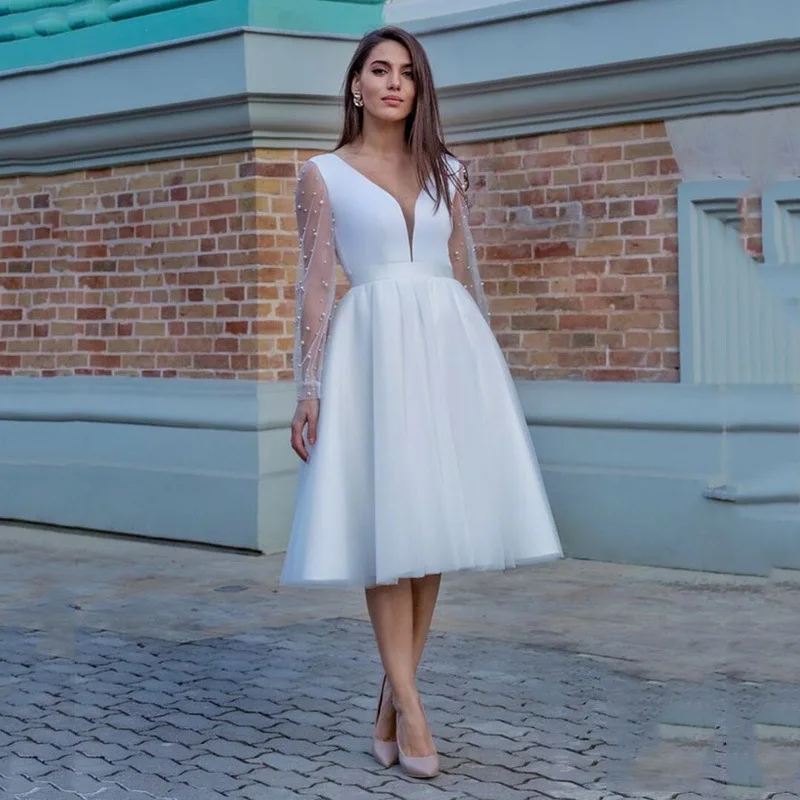 Romantic V- Neck Long Sleeve A-Line Short Wedding Dresses White Satin Tulle Pearls Vintage Bridal Gown Tea Length Party Dresses