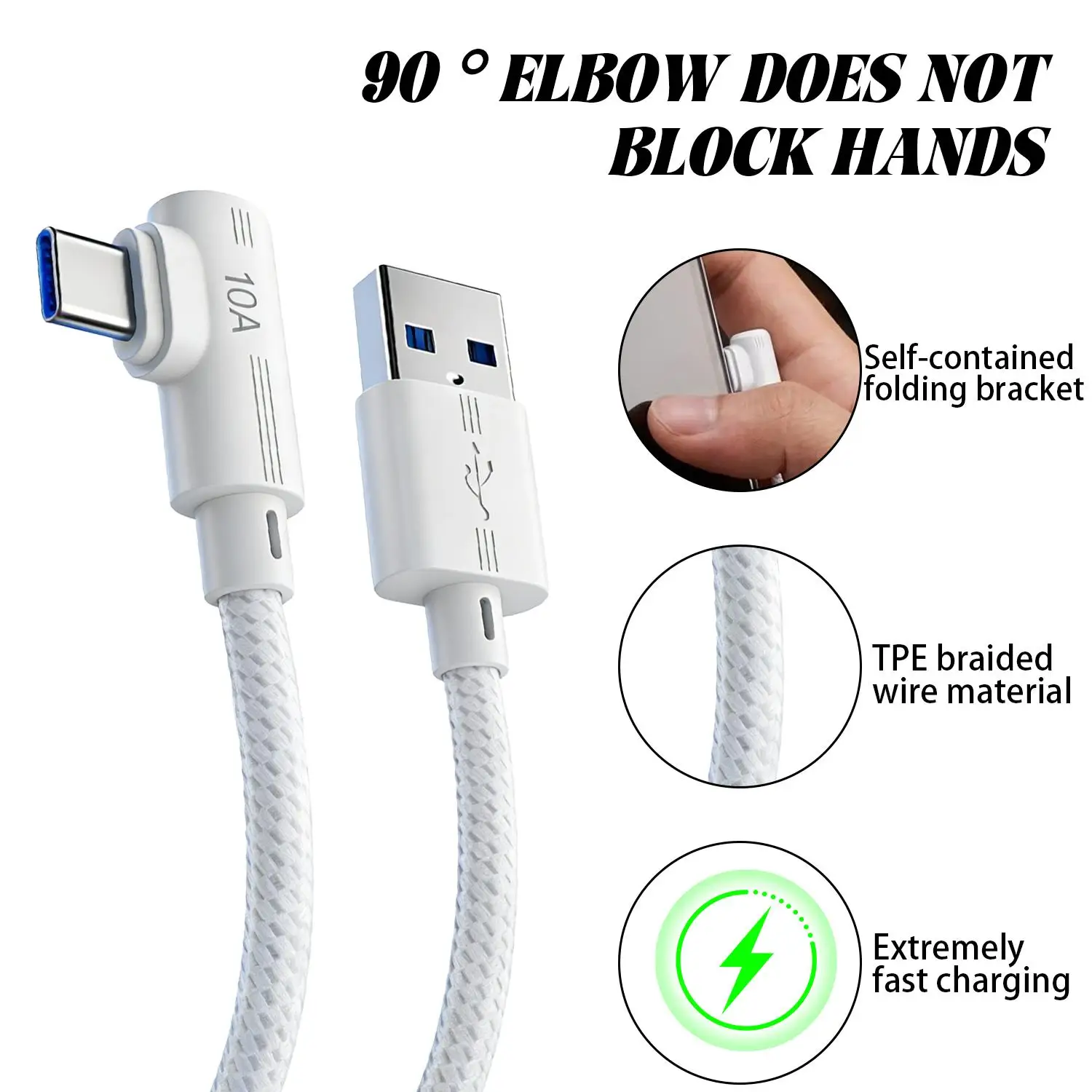 10A 고속 충전 USB-C 케이블 USB 타입 C 직각 나일론 편조 충전기 와이어 아이폰 삼성용 데이터 전송 케이블