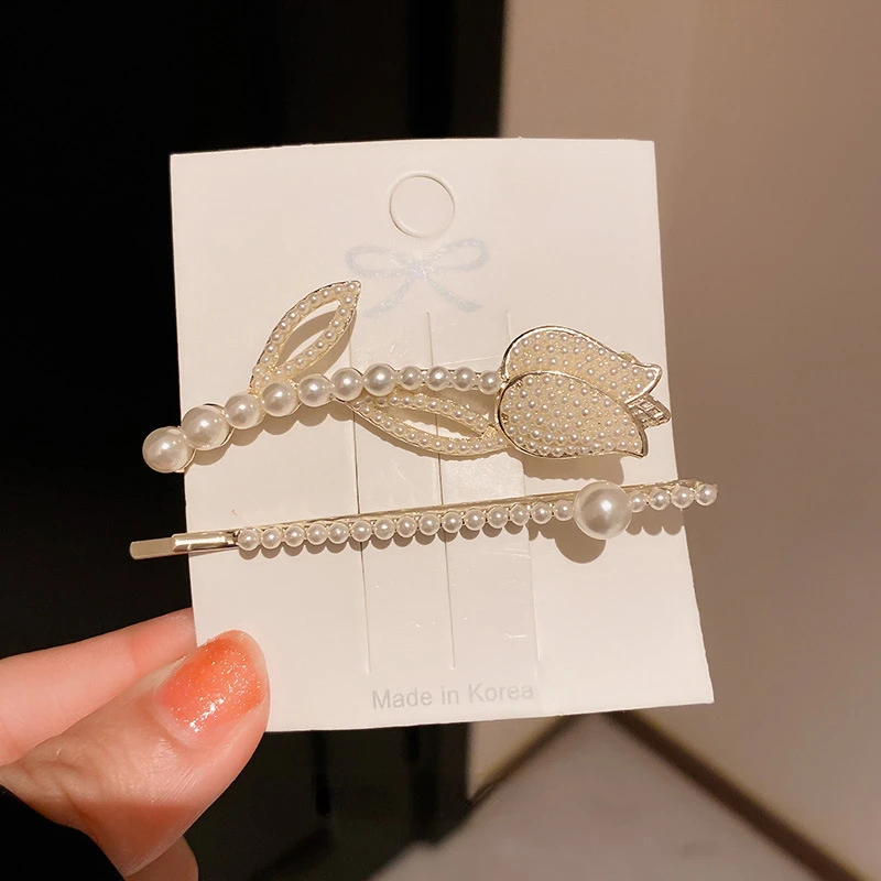 

Fashion Personality Pearl Tulip Flower Hairpin Duckbill Clip One Word Clip Butterfly Zircon Side Clip Hair Accessories for Women