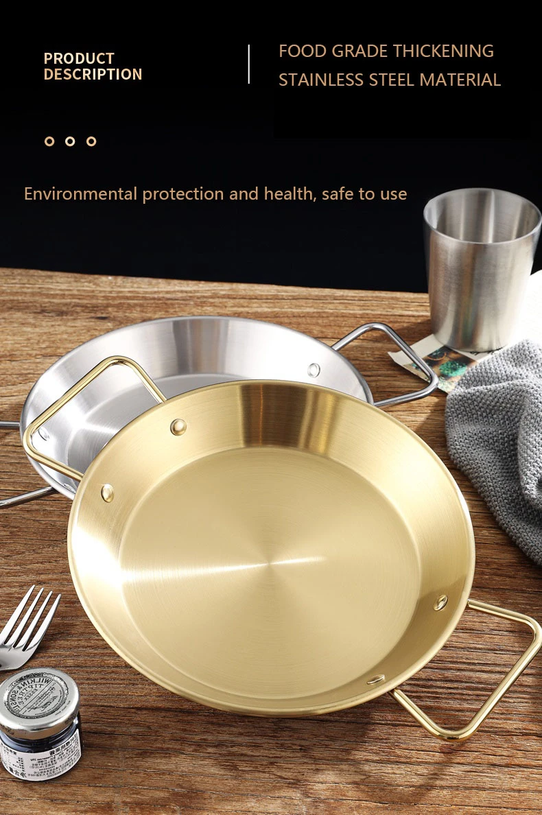 Stainless Steel Golden Serving Tray Round Spanish Seafood Cooking Pan With Two Handles Wok - 30Cm