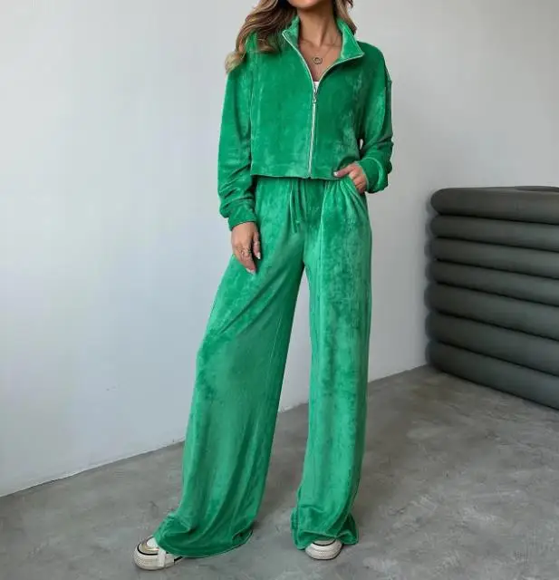 Two Piece Set Women Outfit 2023 Autumn Fashion Velvet Solid Casual Lapel Long Sleeve Top & High Waist Pocket Wide Leg Pants Set velvet sparkly women suits 2 piecces sequins formal one button blazer pants peaked lapel plus size tailored mother of the bride