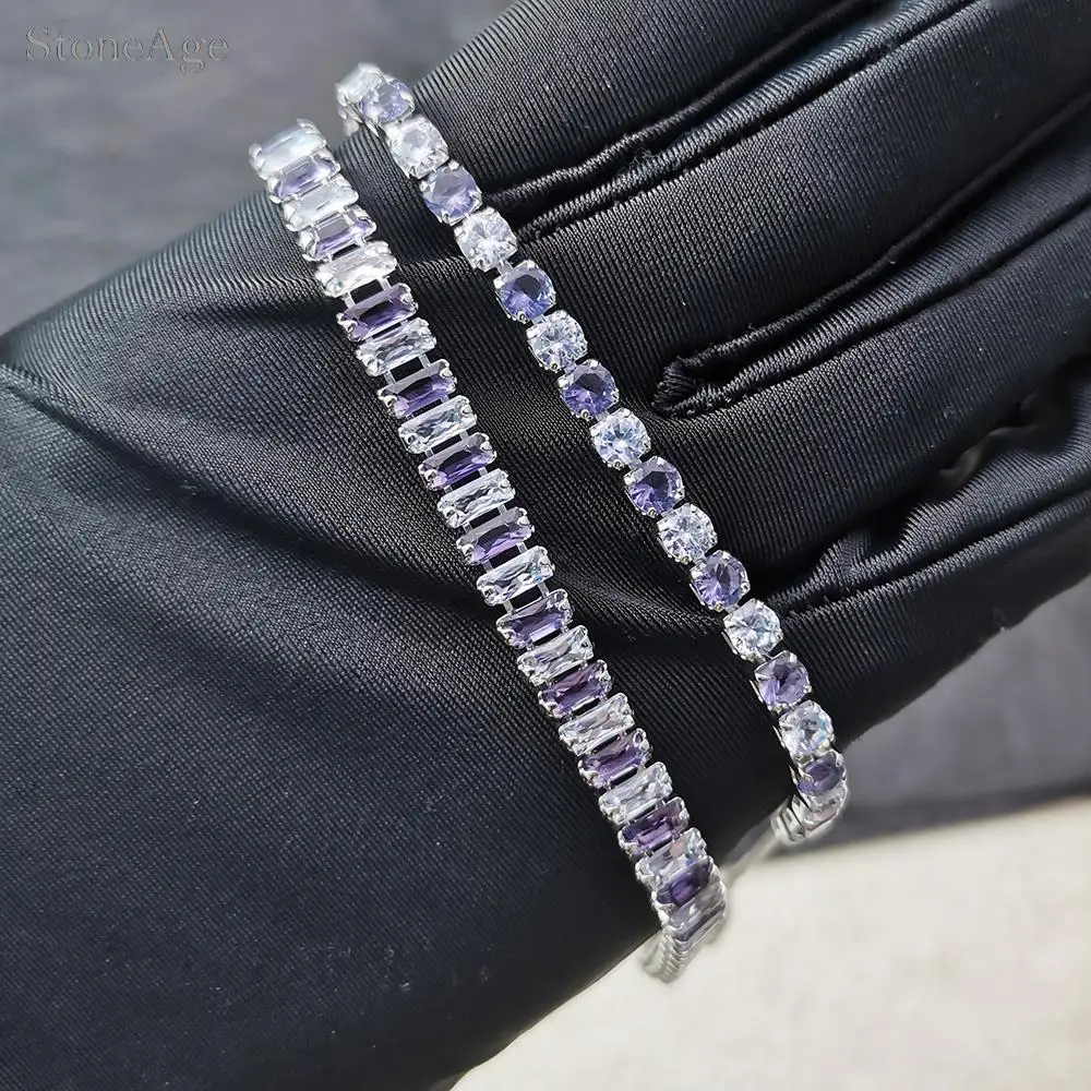Verstellbare Faltschließe, trendige lila Zirkonia-Kristall-Tennisarmbänder für Frauen, zierliche Handkette, Geschenke für Damenschmuck – Detail 7