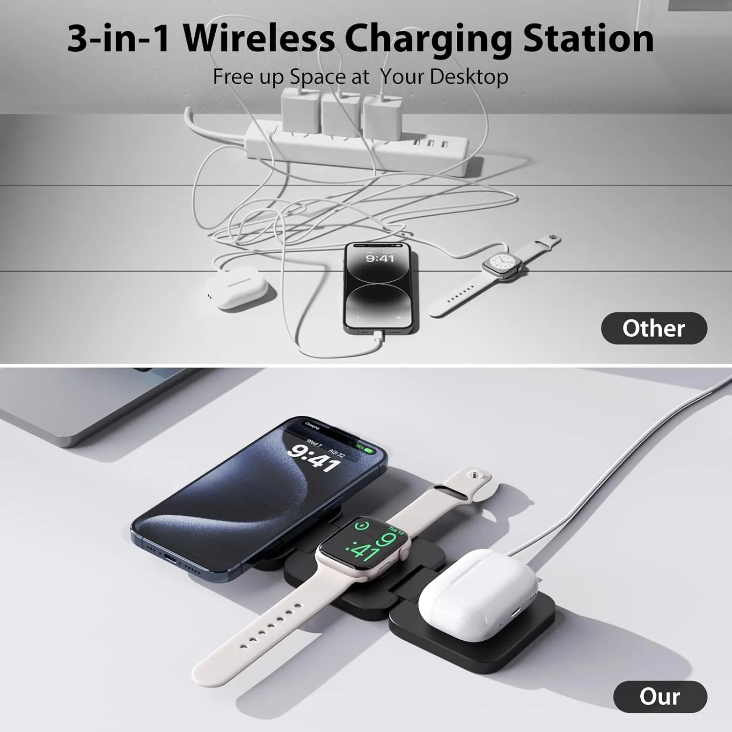รูปสินค้า ชาร์จไร้สาย 3 in 1 พับได้ ชาร์จ iPhone & Apple Watch & AirPods