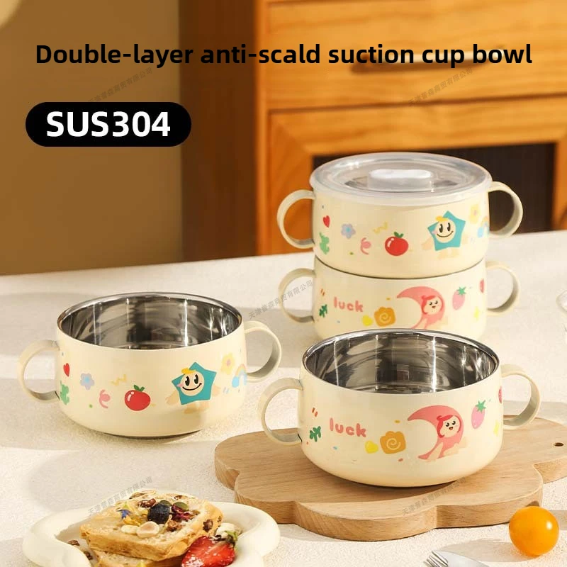 304 Stainless Steel Baby Bowl with Lid Double Handle Kids Feeding Bowl Anti-Scald Toddler Tableware Food Soup Bowl for Infants