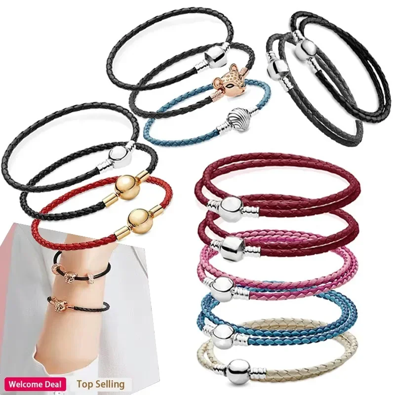 

Hot selling For Original Charm 925 Silver Fashion Double Layer Woven Leather Bracelet Women's Light Luxury DIY Jewelry