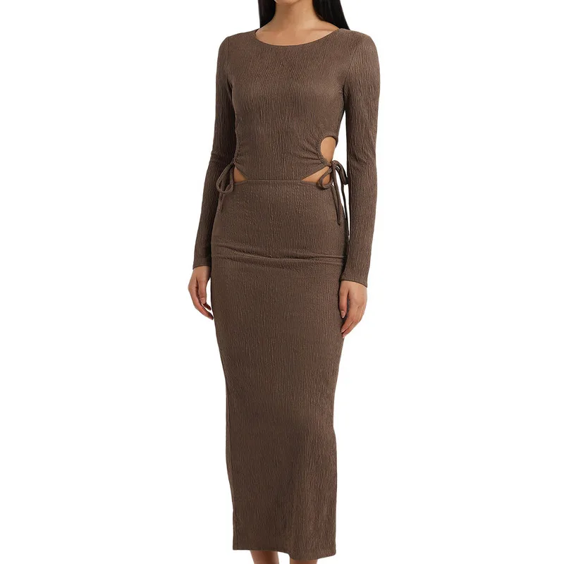 

Women Knit Dress Evening Party Spring Autumn Clothes Solid Color Split Hem Long Sleeve Hollow Tie Up Dress Sexy Club Streetwear