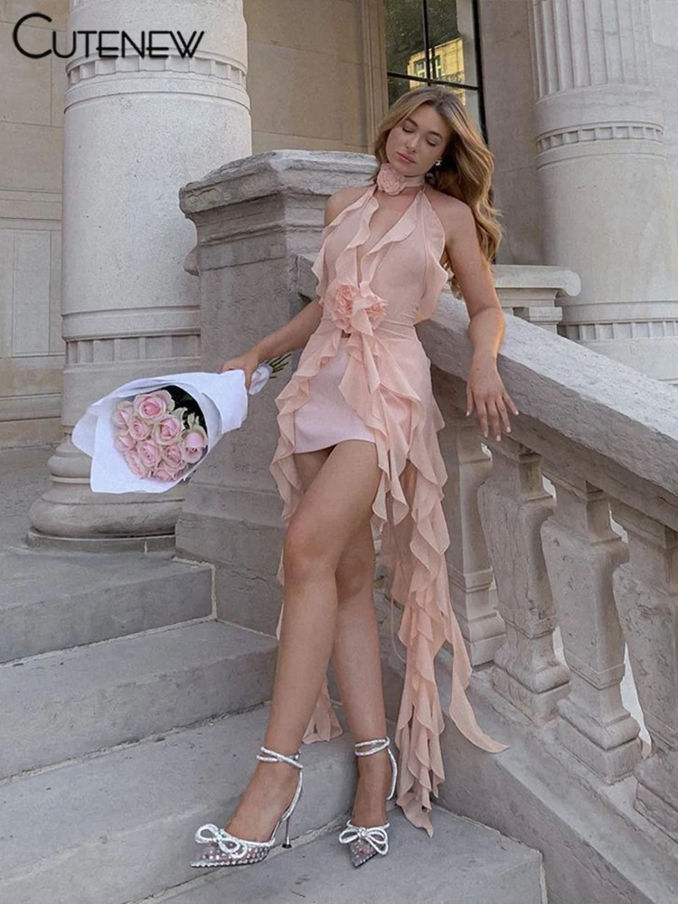 

Cutenew Women's Solid 3D Flowers Decor Mesh Top Sweet Fairy Elegant Halter Ruched Draped Pleated Gauze Long Sleeve Vest New