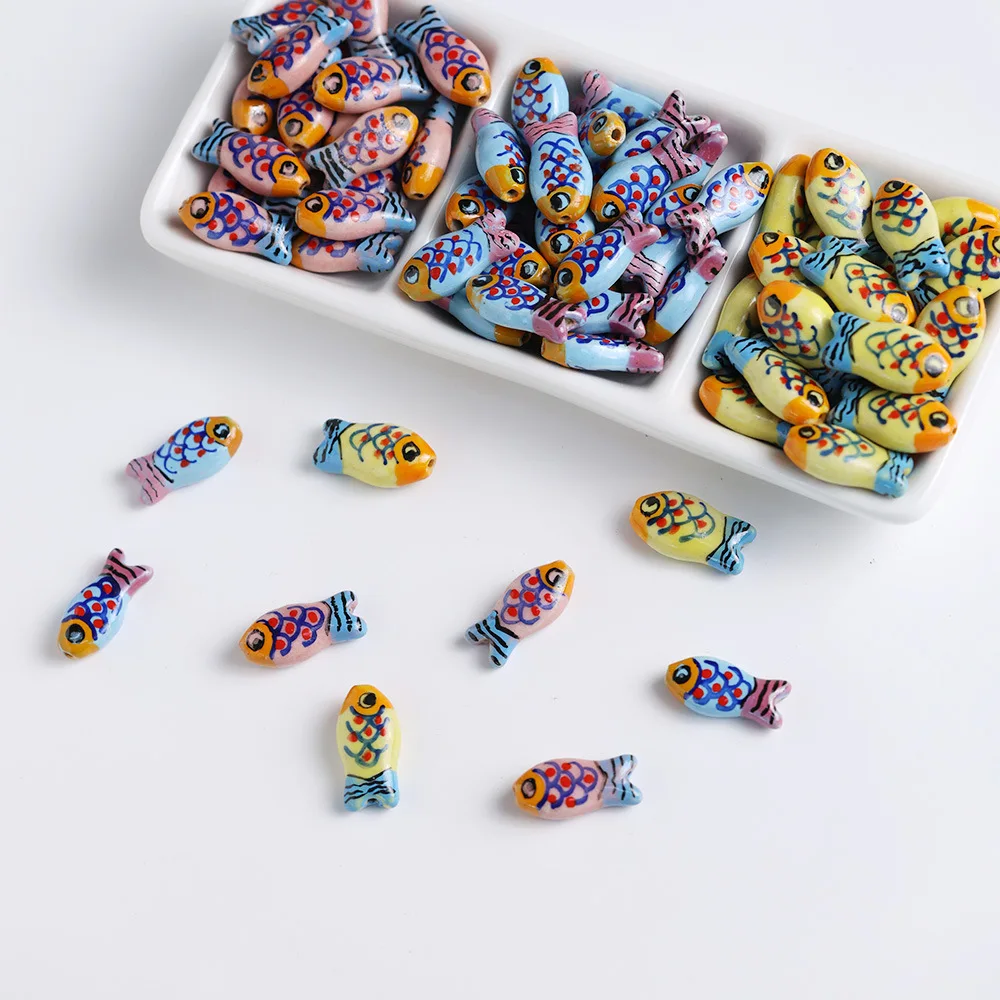 5PCS INS 스타일 손으로 그린 ??줄무늬 물고기 세라믹 비즈 보석 만들기용 간격 비즈 목걸이 팔찌 공예 DIY 용품