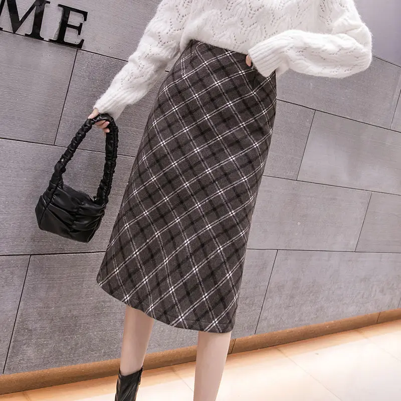 Autumn and Winter Women\'s Style Woolen Woolen Fabric High Waist Plaid Bag Hip Midi Slim Elegant Vintage Formal Fashion Skirt