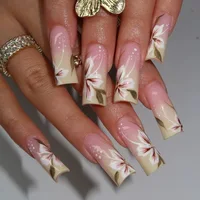 Faux ongles de Style français rose, fleur blanche imprimée, tête carrée courte, à pression, simples, portables, artificiels, Art, 24 pièces 6
