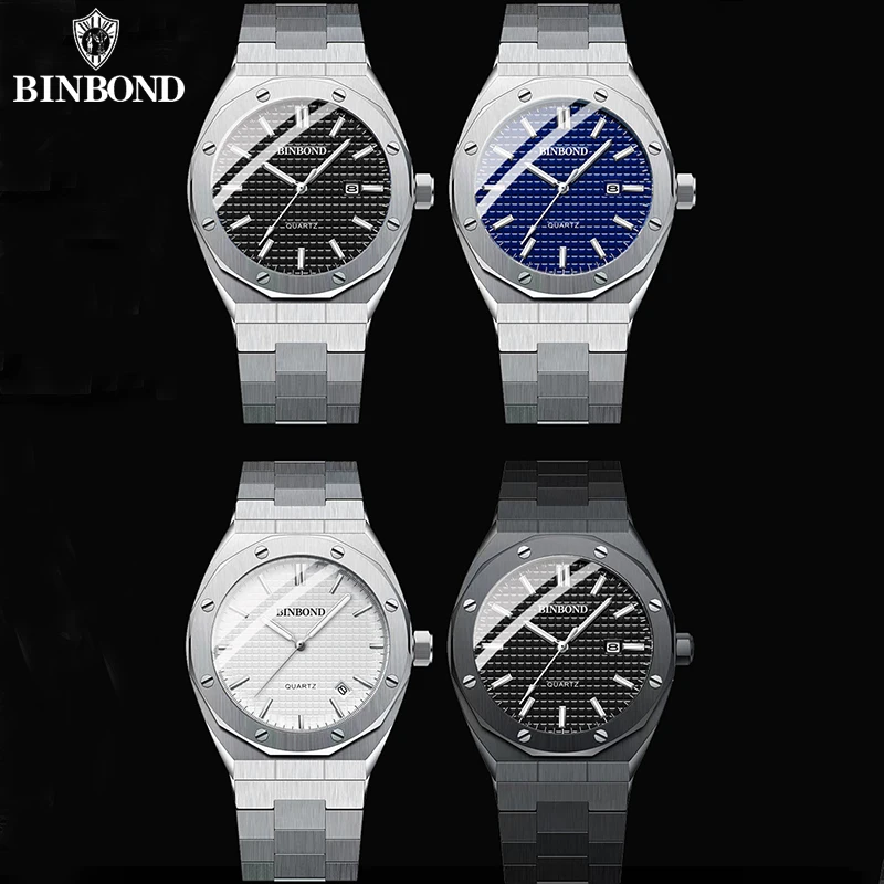 BINBOND B0233 Top Brand Casual Business Quartz Men Watch Stainless Steel Calendar Wristwatch Classic Luminous Fashion Mens Watch
