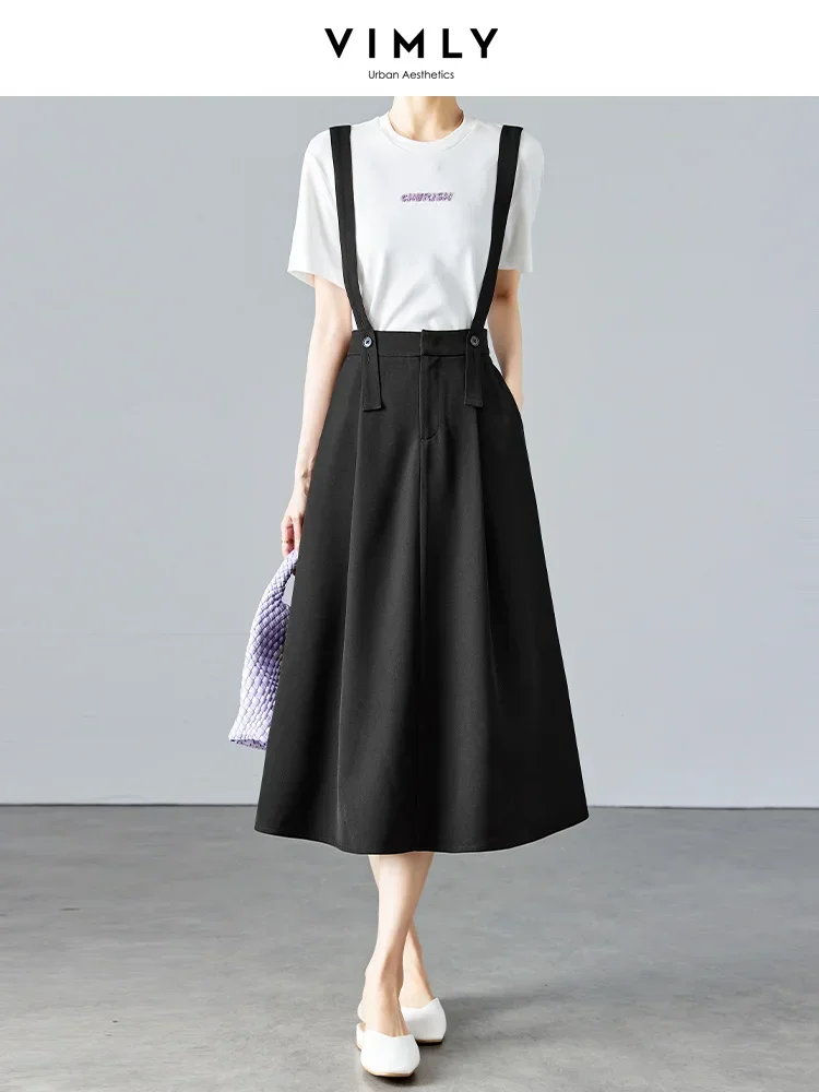 

Vimly Detachable Strap A Line Overall Skirts for Women 2023 Autumn Elegant Fashion Casual Elastic High Waist Midi Skirt M2571