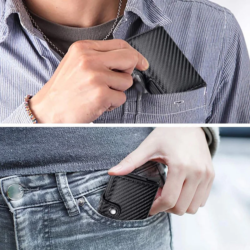 Carbon Fiber Credit Card Holder Wallet Men Rfid Smart Metal Thin Slim Pop Up Minimalist Wallet Small Black Purse Metal Case