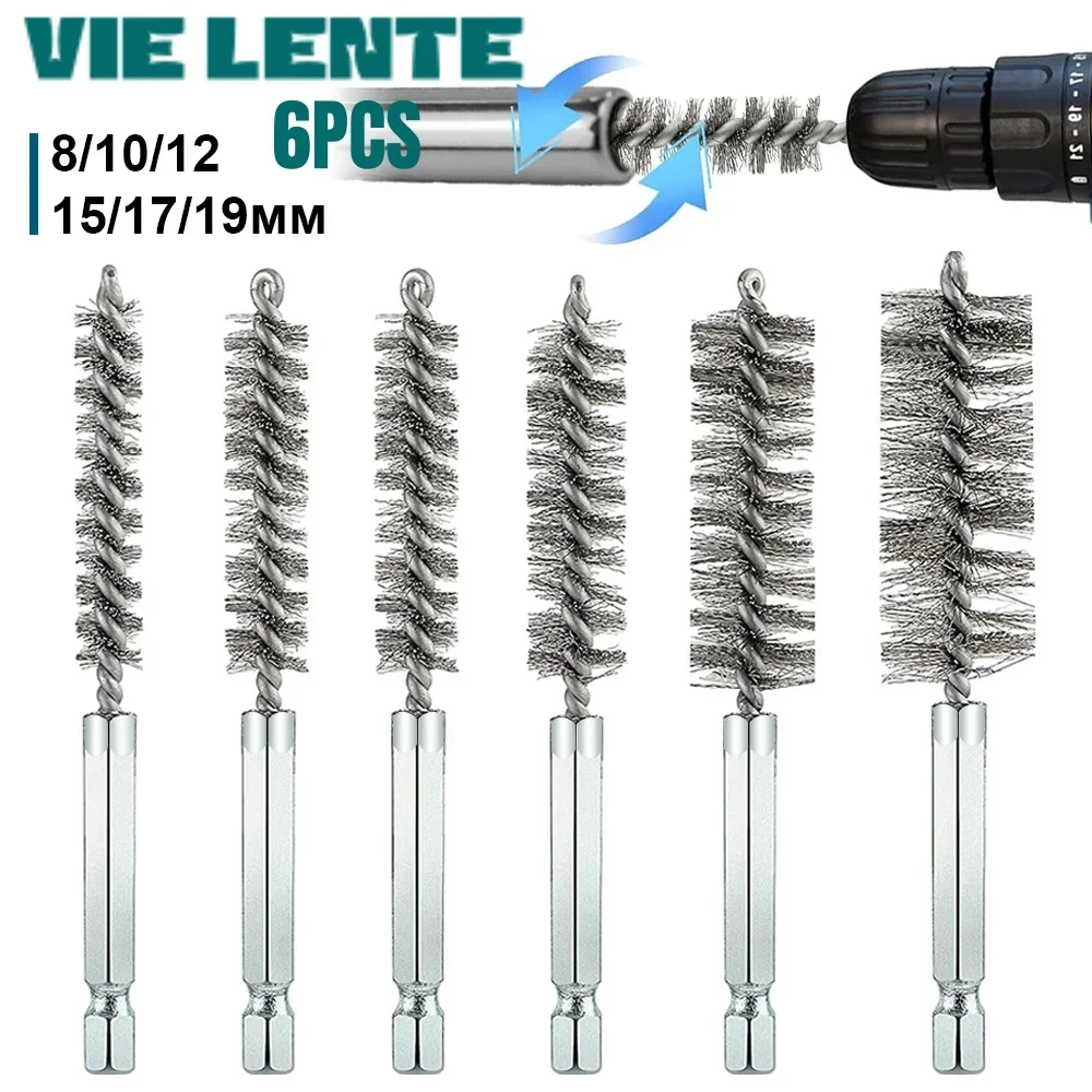 6 Pcs Stainless Steel Cleaning Brush Set 1/4" Hex Bar Twisted Wire Hole Brush for Power Drill Impact Driver(8/10/12/15/17/19 mm)