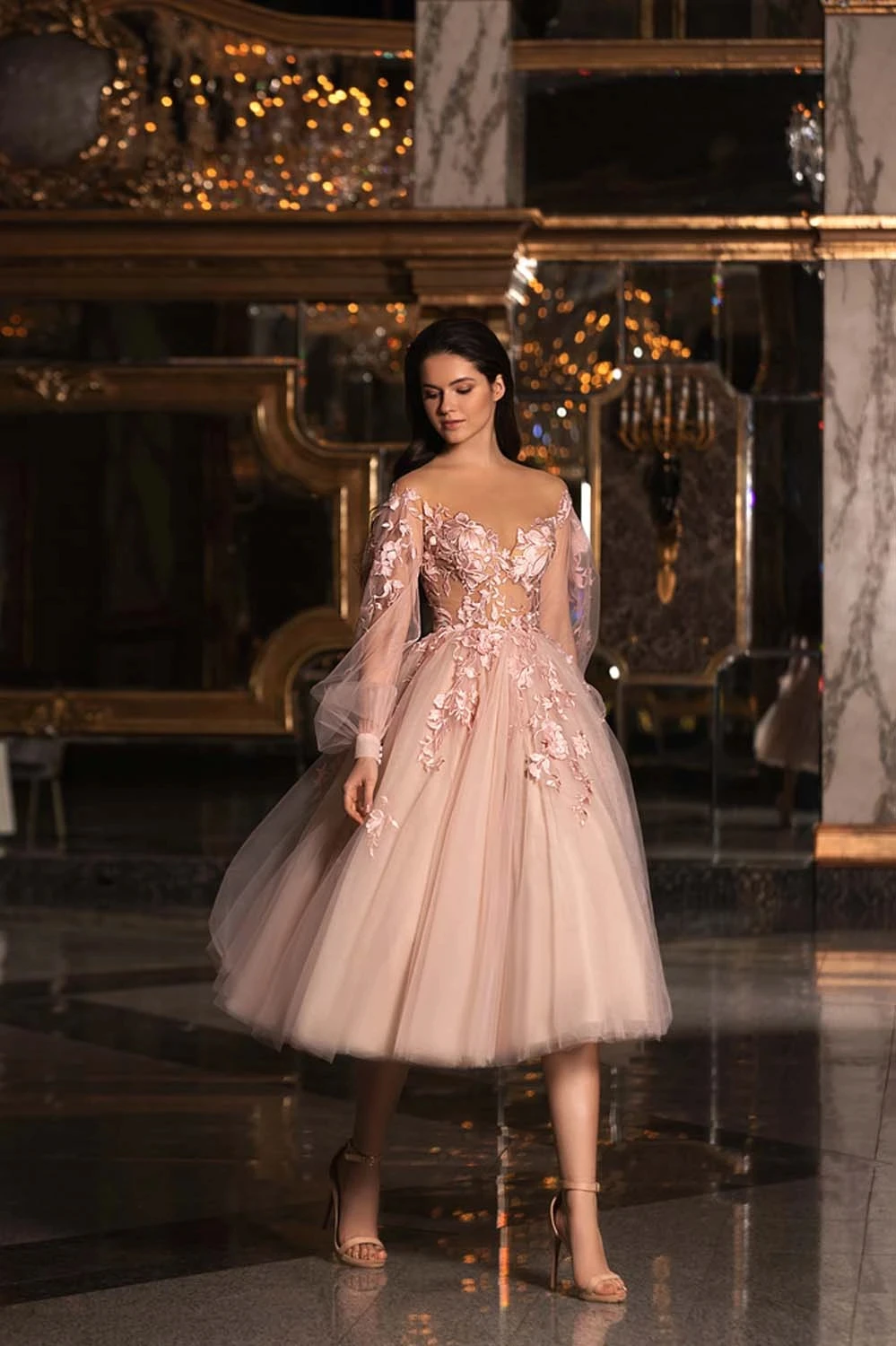 

Sweetheart Evening Dress 2024 Long Puff Sleeve Lace Appliqué Knee Length Wedding Party Prom Dress Exquisite Evening Dress