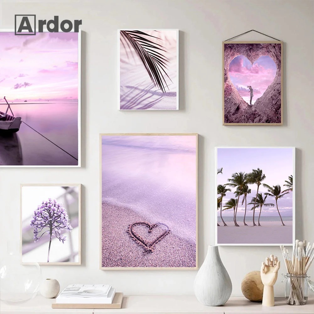 

Purple Beach Life Poster Palm Tree Canvas Painting Landscape Boat Quotes Print Nordic Morden Wall Art Pictures Living Room Decor