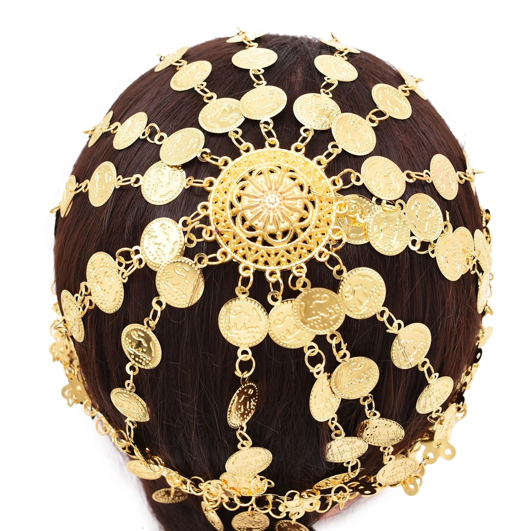 Gold Plated Coins Hat Hair Jewelry for Women India Belly Dance