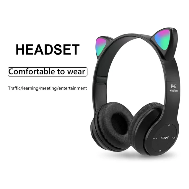 Auriculares Diadema Bluetooth Orejas De Gato Mz-p47 Radiosd - Negro  GENERICO