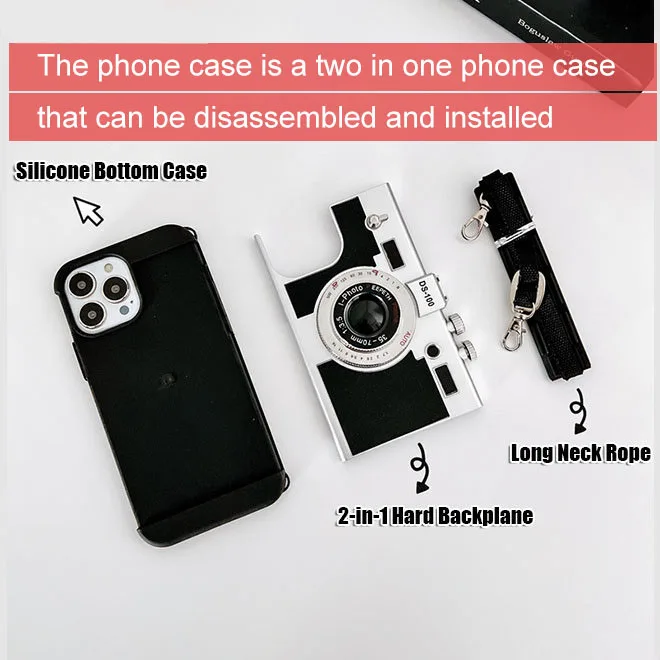 3D Retro Camera Crossbody Phone Case with Shockproof Lanyard