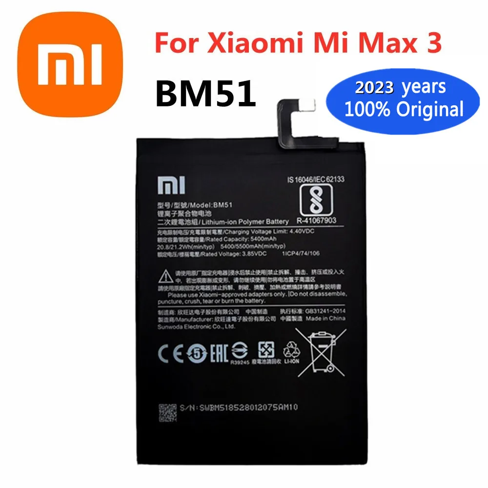 

2023 Years 100% New Original Xiao Mi Battery BM51 5500mAh For Xiaomi Mi Max 3 Mi Max3 Smart Mobile Phone Rechargable Batteries