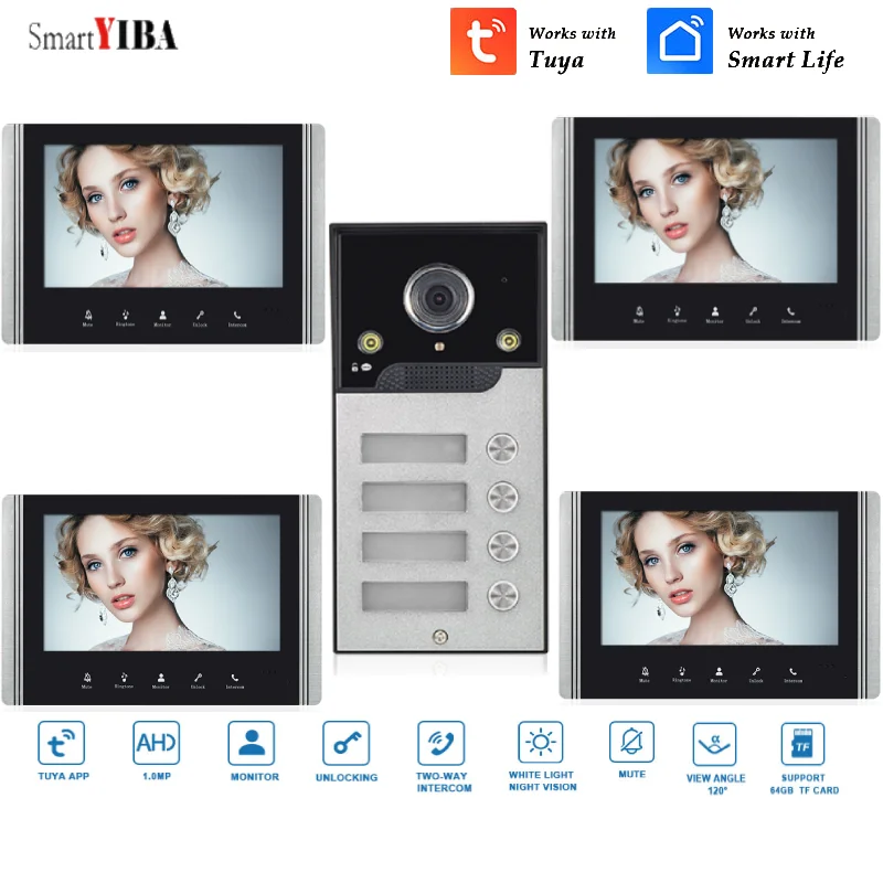 

SmartYIBA 7"WIFI Multi-Apartment Home Video Doorphone 2/3/4 Units Tuya IP Smart Doorbell Camera Villa Wifi Video Intercom System