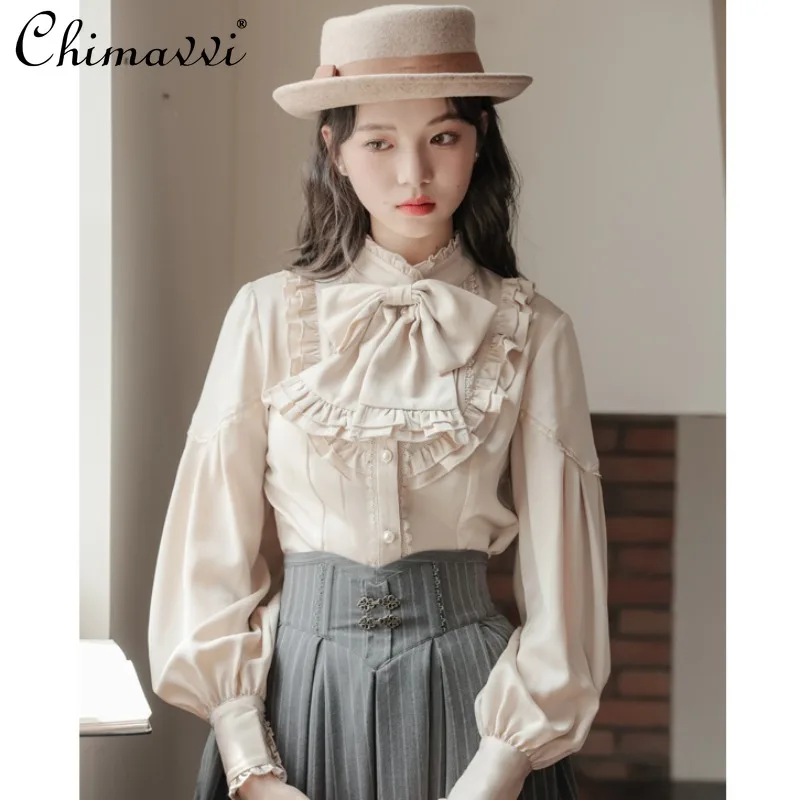 French Style Vintage Court Style Bow Long-Sleeved Shirts Top 2024 Spring Autumn New Fashion Round Neck Elegant Slim-fit Blouse