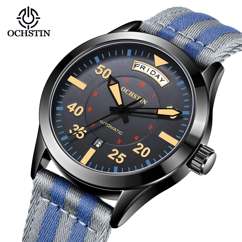 OCHSTIN New Top Brand Automatic Mechanical Watches for Men Military Nylon Strap Pilot Watch Male Auto Date Day Relogio Masculino tube tape cutter silicon nylon copper ys ih6110 high speed automatic fast ship hz