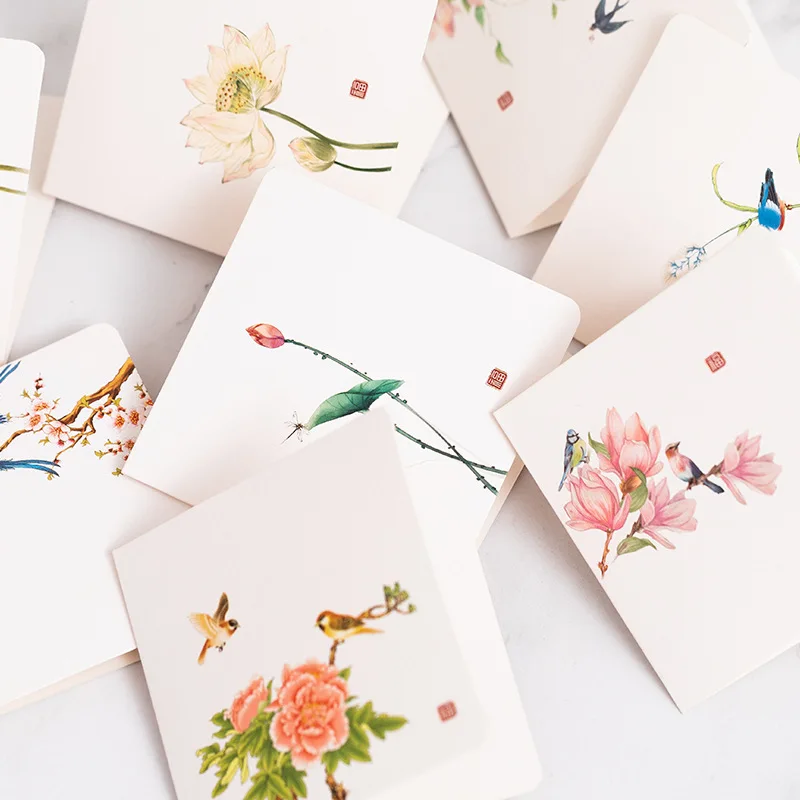Chinese Style Flower Bird Greeting Cards Birthday Wedding Thank You Blessing Card Invitations for Mothers Father's Day 10Pcs/Set greeting cards,thank you cards,wedding invitations