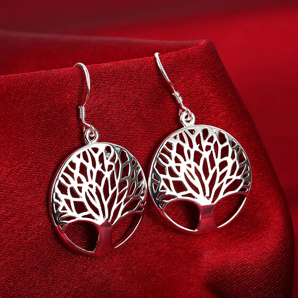

New 925 Sterling Silver Earrings for Women High Quality Jewelry Hollow Carved Round Tree Christmas Gifts