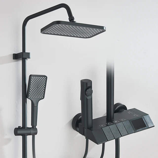 マットブラック LED デジタルディスプレイシャワー蛇口セット雨滝黒