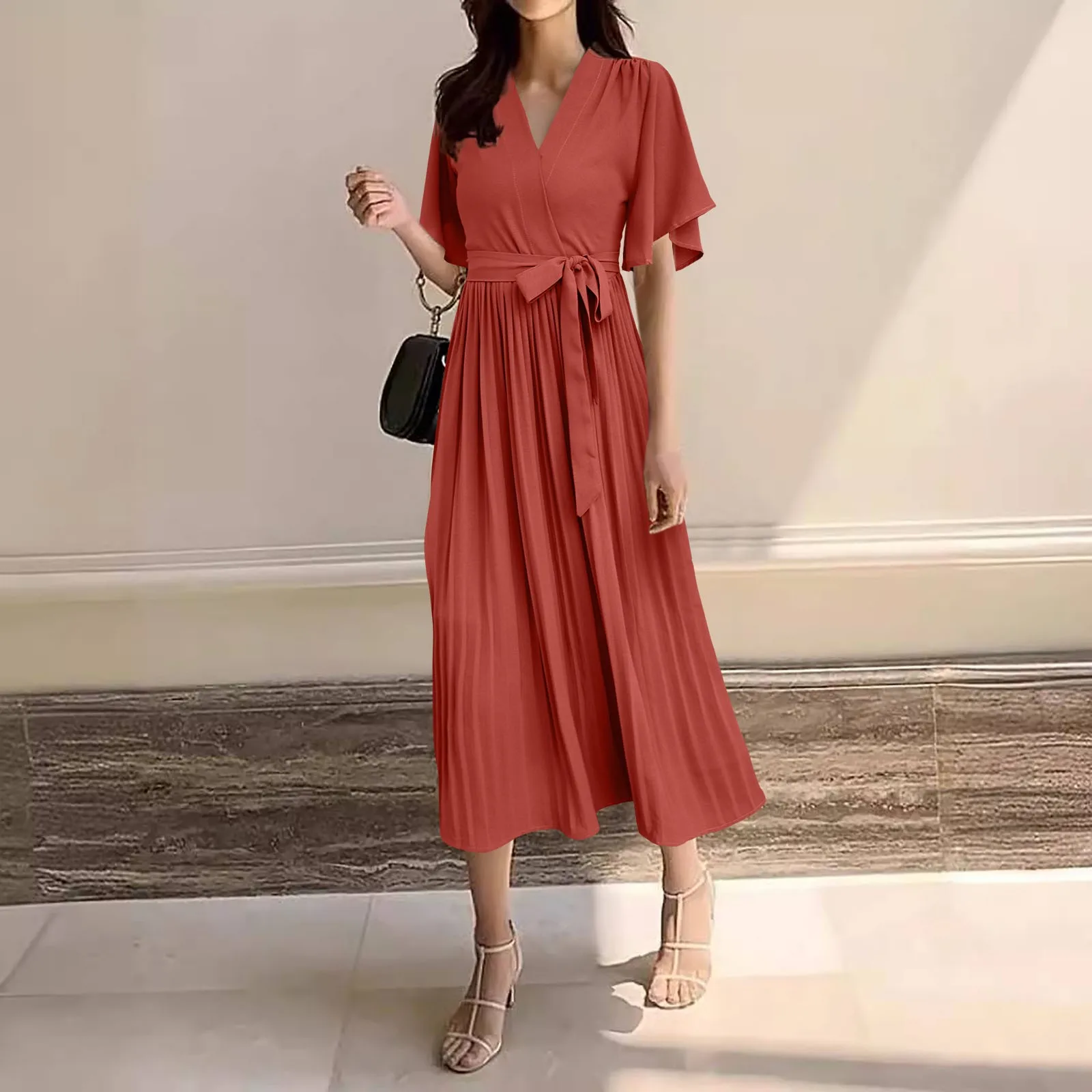 

Women Solid Pleated Dress 2024 New Summer Elegant Short Sleeve V-Neck High Waist Sash Bandage Belted Big Swing Long Dresses