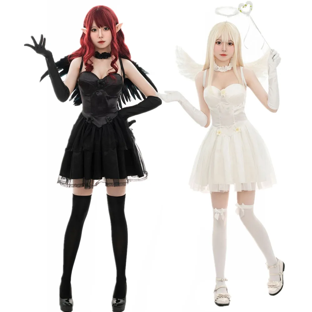Adult Angel Devil Dress Up White Black Feather Wings Fallen Angel Cosplay Little Wings Halloween Carnival Birthday Party Costume