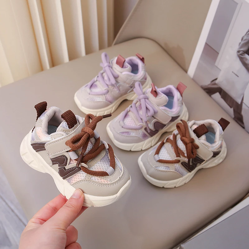 Baskets pour enfants en maille marron respirantes et légères pour garçons et filles, chaussures de tennis tendance antidérapantes et souples pour enfants et bébés_voghion.com