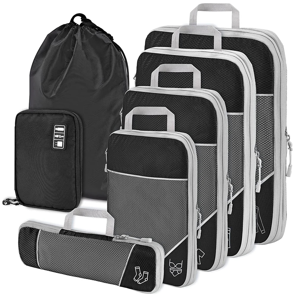 

7PCS Compression Packing Cube Set Expandable Mesh Travel Bag Luggage Organizers with Cable Cord Charger Organizer Drawstring Bag