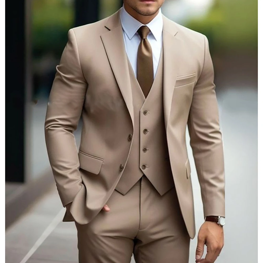 

Khaki Men's Suits Formal Outfits Elegant Blazer Single Breasted Notch Lapel Formal 3 Piece Jacket Pants Vest Slim Fit Costume