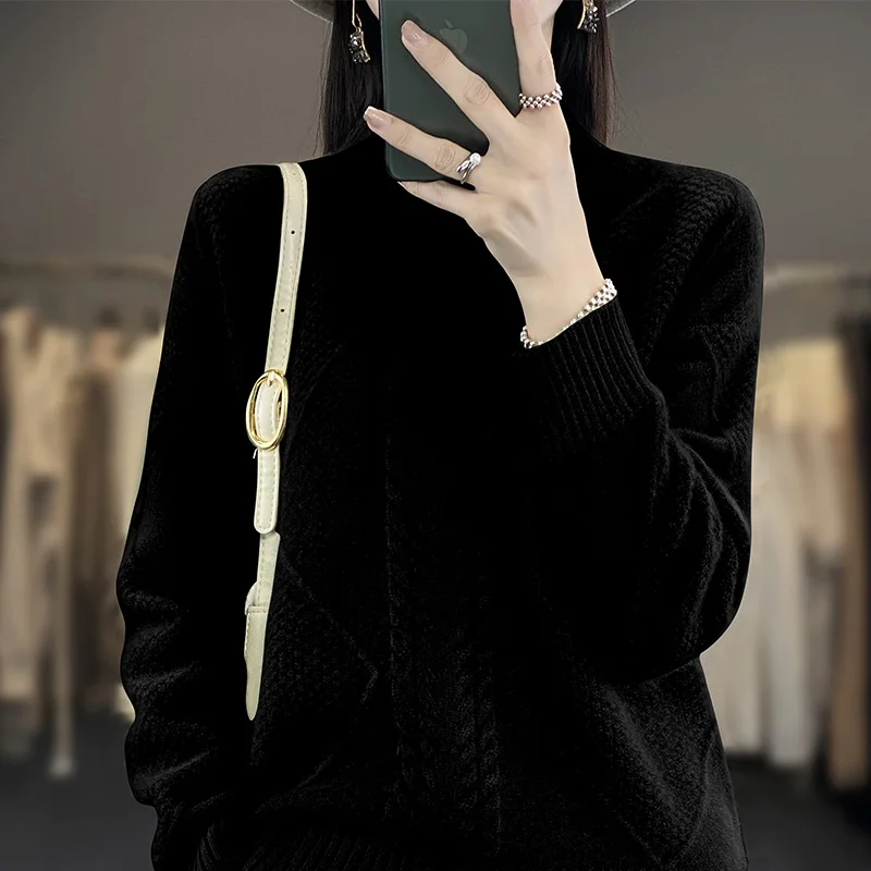 2024 Women's Cashmere New Retro High Quality Fashion Half High Collar Pullover Autumn and Winter New Solid Color Cashmere Pullov 6