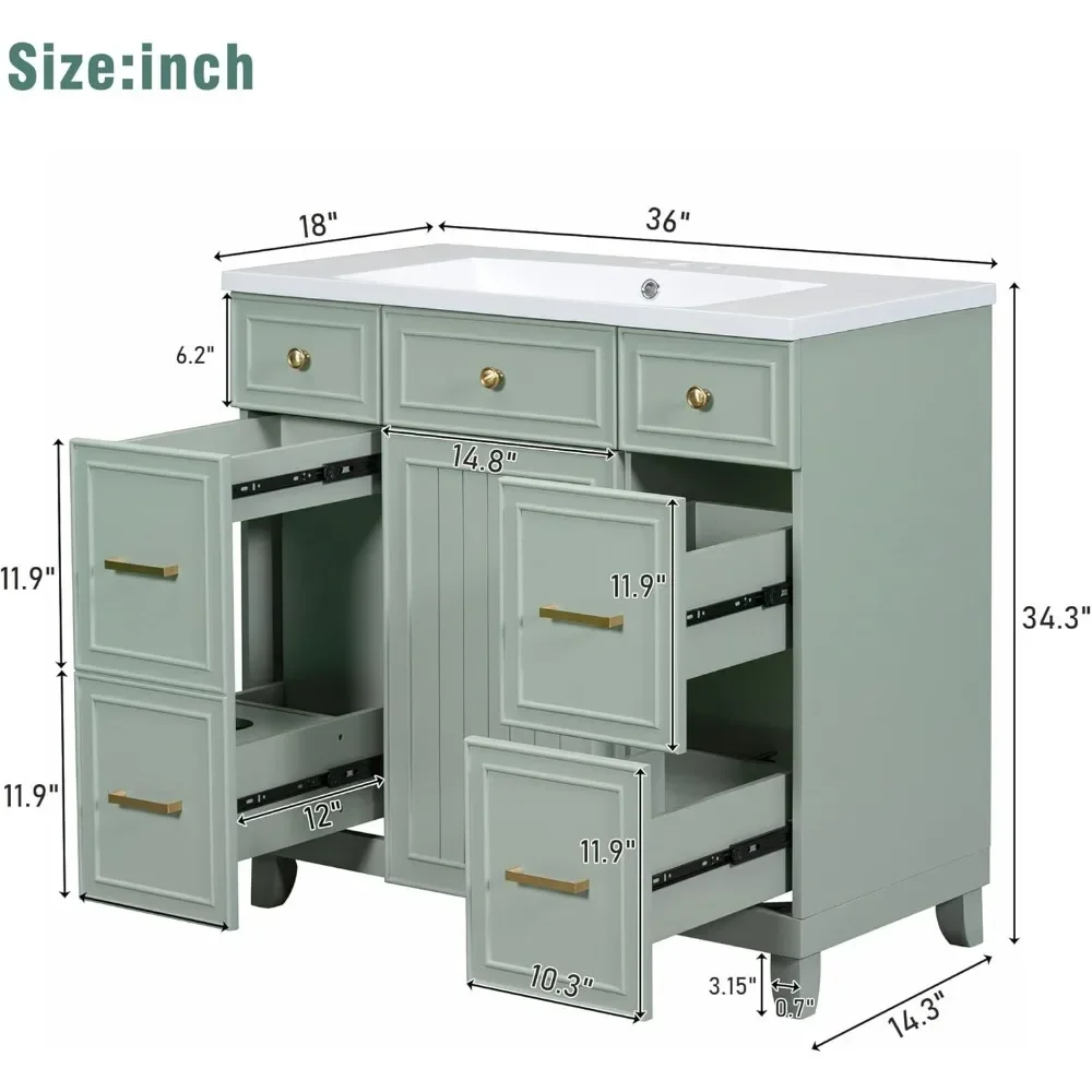 Bathroom Organizers, 36" Bathroom Vanity With Sink, Modern Green Bathroom Vanity With 3 Drawers & Cabinet, Bathroom Cabinet With 2